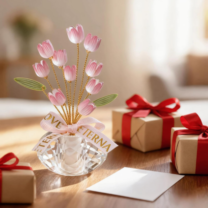 Linnea – Dekorativ krystallvase med ewige rosa tulipaner