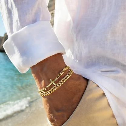 Håkon – Maskulint dobbeltradet panserarmbåndsett i gull med kors